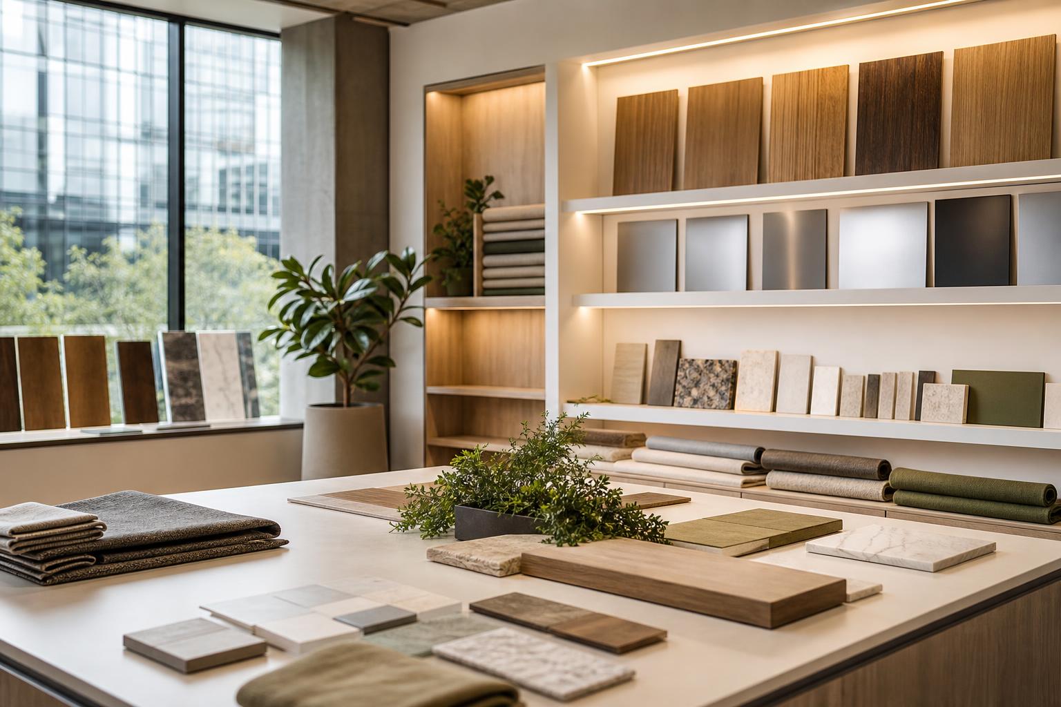 Premium sustainable materials showroom with oak, stone and textile samples