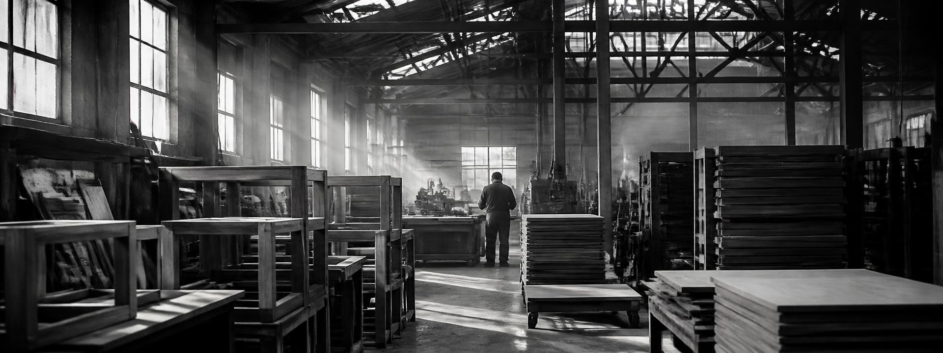 Furniture factory production hall in black and white