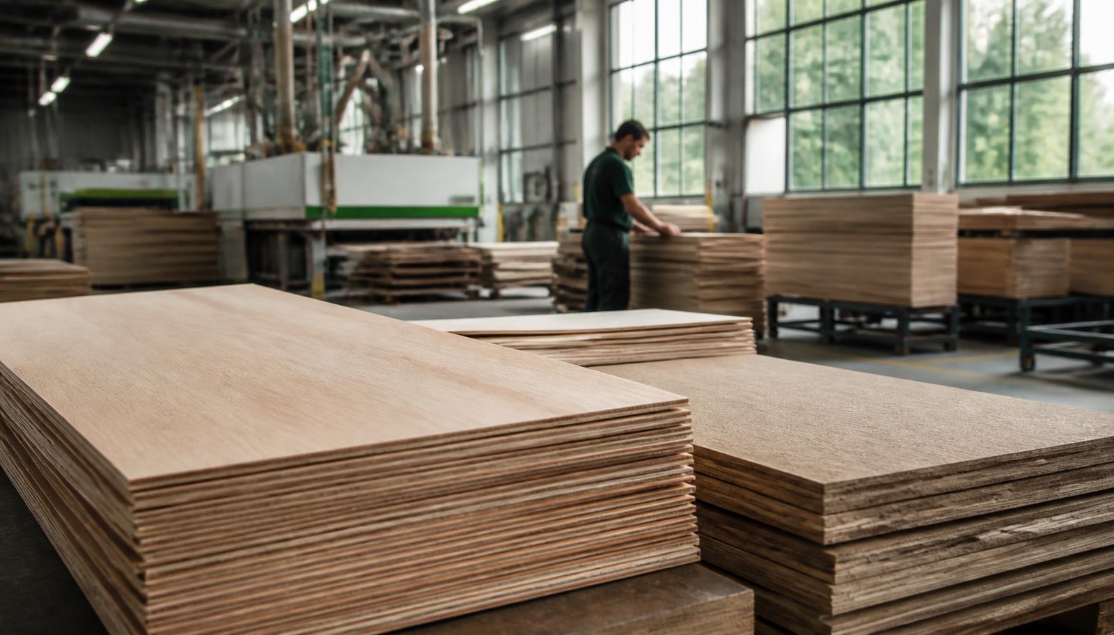 Furniture production floor: oak veneer panels and raw materials