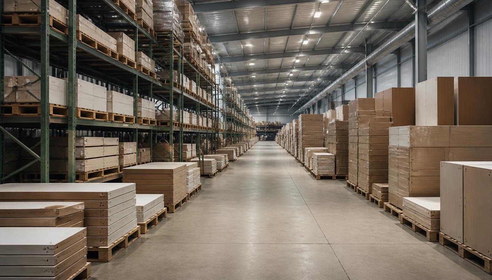 Organised furniture manufacturer warehouse with palletised components